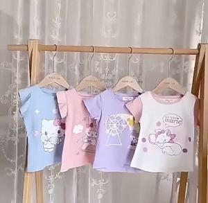 ชุดนอนแขนสั้น แบบบาง พิมพ์ลายดาว แฟชั่นฤดูร้อน สําหรับเด็กผู้หญิง