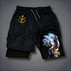 Bandai | Dragon Ball Mens Double-layer Shorts Son Goku Summer Anime Fake Two-piece Sports Fitness Quick-drying Shorts Loose GYM Pants