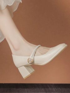 WANGGONGZHU | French Style Genuine Leather Mary Jane Single Shoes Women Spring 2025 New Coarse Heel High Heel Evening Shoes Square Head Fashion