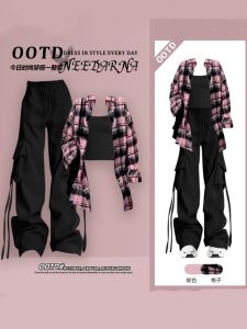 Cool Trendy Korean Style Workwear Pants Set Two Pieces Hot Girl Street Style Aesthetic Fashionable Long Sleeve Polo Collar