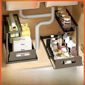 Kitchen Sink Storage Rack Pull out Seasoning Bathroom Drawer Organizer Shelf Cooking Utensils Storage Rack Kitchen Storage Shelf
