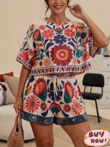Plus Size Women Tropical Floral Print Round Neck Crop Top & Shorts Set Vacation Outfit Terno