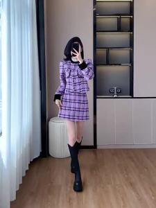 MQTZ08 French style small fragrance set autumn temperament and western-style age reducing plaid top and skirt two-piece set