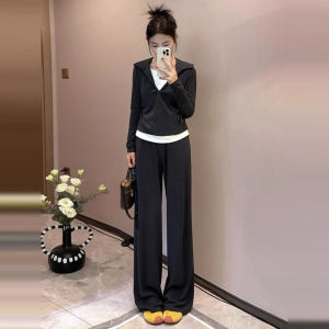 Gray Hoodie Sweatshirt High Waist Wide Leg Pants Womens Two-Piece Set Casual Sporty Korean Style Autumn Fashion Ensemble