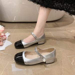 Large Size High Heels Pearl Mary Jane Women Shoes Retro Spliced Color Block Thick Heel Single Shoes Increased Height Slimming