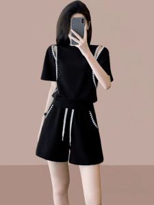 Internet Celebrity Athleisure Suit Womens Summer Loose Fashion Western Style Youthful-Looking Fried Street off-the-Shoulder Short Sleeve Shorts Two-piece Set