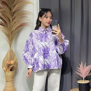 ATASAN WANITA KEKINIAN MOTIF BLOUSE WANITA MARBLE BLOUSE WANITA JUMBO LENGAN KANCING ATASAN WANITA TRENDY