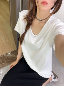 เสื้อยืดคอกว้างแขนสั้นสีขาวหลวมๆ สำหรับผู้หญิงในฤดูใบไม้ผลิและฤดูร้อน เสื้อยืดคอกลมพื้นฐานสำหรับผู้หญิง เสื้อผ้าทำงานลำลอง