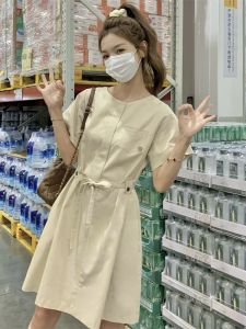 Korean Style Simple Summer Dress Womens Mini High Waist A-Line Skirt Slimming Effect Fresh Trend Short Sleeve round Neck