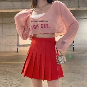 สไตล์เกาหลี เอวสูง ผู้หญิง กระโปรงเทนนิส คริสต์มาส สีแดง ผอมเพรียว กระโปรงพลี กระโปรงทรงแคบ มีชับใน กระโปรงเอ รูปแบบสีแดง