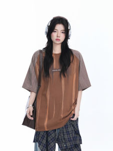 Retro American Short Sleeve T-Shirt Women Summer Loose Fit Shoulder Insert Design Cotton Moisture Wicking Street Style Top