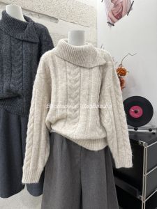 Korean Style Thickened Knitted Sweater Womens Autumn Winter Half High Collar Twist Knit Top Soft Warm New Arrival 2025