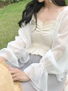 Korean Style White Chiffon Sunscreen Open Cardigan Shirt Women Summer plus Size Loose Slimming Shoulder Shawl Outerwear Trendy