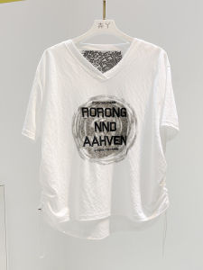 เสื้อยืดแขนสั้นผ้าฝ้ายผสมลูกไม้ปักลายตัวอักษรสีขาว ทรงหลวม คอวี สำหรับผู้หญิง เสื้อผ้าทำงานสไตล์เกาหลี