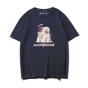 Áo Thun Cotton Mùa Hè in Hình Chó Tay Ngắn Dáng Rộng Màu Xanh Lam Phong Cách Mới 2025 Cho Nữ