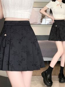 New Chinese Style High Waist A-Line Pleated Skirt Womens Summer 2024 Slimming Anti-Light Suti Flower Half-length Skirt