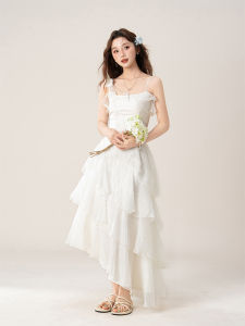 SHANGWEILUO | White Strap Slim-fit Cake Dress for Summer