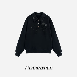 FAMANXUAN | Handmade Beaded Polo Neck Sweatshirt with 3D Embroidered Flowers