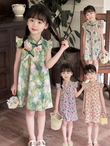 Chinese Style Girl Pure Cotton Cheongsam Dress Kids Stand Collar Flounced Sleeve Dress Childrens Dress Summer Childrens Clothing