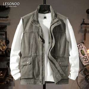 LIANSENNIAO | Stand Collar Workwear Denim Vest Fashion Multi Pockets