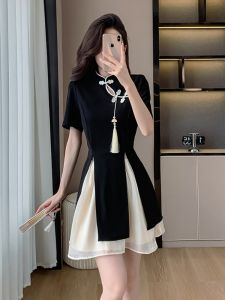 New 2024 Summer Chinese Style Short Qipao Dress Set plus Size Slimming Skirt High Waist Cheongsam Two-Piece Suit Womens Fashion