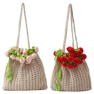 MOJOYCE Women Hand Woven Shoulder Bag Flower Pattern Flower Crochet Shoulder Bag Stylish Knitted Handbag Shopping Dating Handbag
