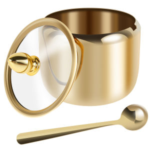 10oz Sugar Jar 304 Stainless Steel Seasoning Container with Clear Glass Lid and Spoon for Salt Candy Coffee Bean Etc Condiment