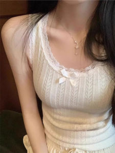 White Lace Trim Bow Tie Summer Slim Fit Tank Top