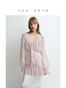 Silk Flower Shoulder V-Neck Drawstring Pleated Dress