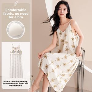 Miiow | Cat Woman Ice Silk One-Piece Sleepwear Womens Summer New Style With Chest Pad Can Wear Outside Home Clothes V-neck Sleeveless