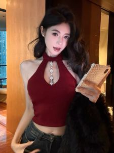 GUZILIAN | French Luxurious Heavy Diamond Embellished Vest Womens Slim Fit Sleeveless Top Trendy Autumn Winter New Style Hanging Neck Design
