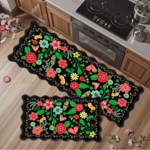 Fresh-style Floral Kitchen Mat Dirt-resistant Wear-resistant Two-piece Kitchen Rug Set Carpet 小清新花卉厨房地垫 耐脏耐磨组合厨房地毯两件套 FUNIANQI