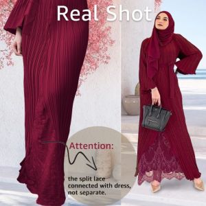 JOJOBars Abaya Lace Moden Pleated Maxi Dress Women Plus Size Muslimah Moden Pleated Ironless Abaya Premium Pleated Robe