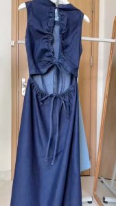 2 màu Nhạt/ Đậm Đầm denim dáng dài cổ tròn cộc tay lưng khoét dây rút điều chỉnh buộc nơ gợi cảm tôn dáng dễ thương năng động