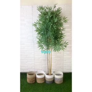 Pohon Artificial Daun Bambu Hijau T150 Latex Cover Pot Anyaman Seagrass Variasi Warna Dekorasi Studio Aesthetic