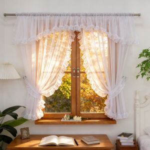 1PC Rod Pocket White Ruffle Edge Sheer Curtain Light Filter Window Drape For Kitchen Living Room Sweet Housewarming Gift