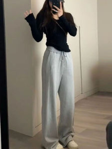 175 Tall Long Gray Drawstring Sports Pants Female High Waist Loose and Slimming Casual Sweatpants Wide Leg Mop Pants