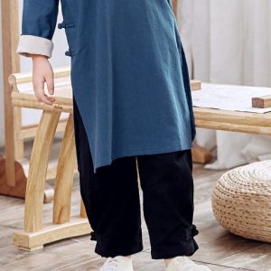 Boys Long Han Dynasty Cotton and Linen Robe Vest Martial Arts Performance Long Shirt Unlined Long Gown Childrens Comic Dialogue Clothes Tang Suit Spring and Autumn