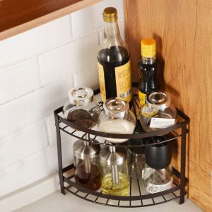 Kitchen Spice Rack Stand Metal Triangle Corner Shelf No Drilling Required Cooking Utensils Storage Organizer Countertop Holder