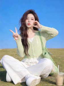 DUOFEIYAN | Korean Style Green V-Neck See-Through Long Sleeve Knitted Top