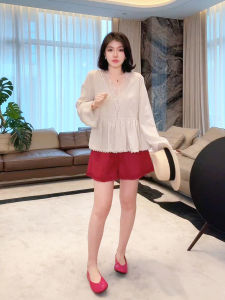 Fashionable Mixed Linen Lace Sleeveless Top Ice Linen Feel Slimming Outerwear MESS5267 by ME Home Yang V-Neck Long Sleeve