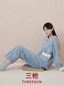 THREEGUN | Warm Plush Flannel Sleepwear Set Autumn Winter Outwear