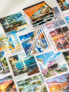 Nhãn Dán Hai Chất Liệu Phong Cách Cổ Điển Cho Quán Cà Phê Hoa Nhỏ Ở Ven Biển Nhãn Dán Nền Cho Sổ Tay DIY