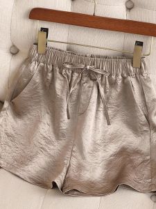 กางเกงขาสั้นผ้าซาตินอะซิเตททรงหลวมเอวสูงสำหรับผู้หญิง ฤดูใบไม้ผลิและฤดูร้อน 2025 กางเกงขายาวทรงตรงเอวสูง ความยาวปกติ