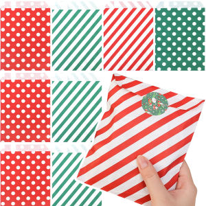 กระดาษสีสติ๊กเกอร์ชุดคริสต์มาส24ชิ้นถุงซานตาถุงบุฟเฟ่ต์ขนมลายทางสีแดงและสีเขียวลายจุด