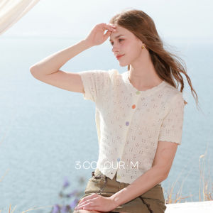3COLOUR·S | Summer New White Lace-knit Short-sleeve Cardigan Sweater