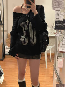 เสื้อสเวตเตอร์ถักคอวีแขนยาวสีดำ ทรงหลวม ทรงเข้ารูป สำหรับผู้หญิง แฟชั่นฤดูใบไม้ร่วง เสื้อผ้าทำงานสไตล์อเมริกัน