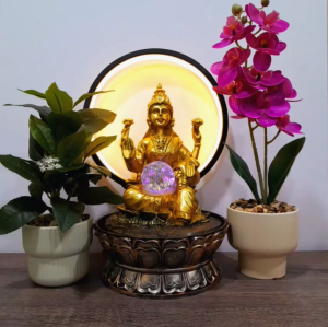 Golden Goddess Lakshmi LED Halo Crystal Ball Water Fountain
