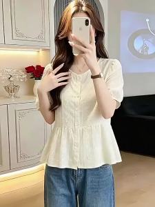 TIANQIANHUI | Áo Blouse Chiffon Mỏng Thoáng Tay Ngắn Dập Nếp Phồng