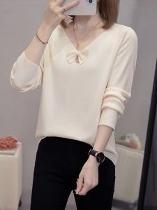 Áo Len Dệt Kim Cổ Chữ V Cỡ Lớn Cho Nữ Mùa Thu Đông Mới Rộng Rãi Thắt Nút Bướm Áo Len Thường Ngày Màu Trơn Phong Cách Hàn Quốc